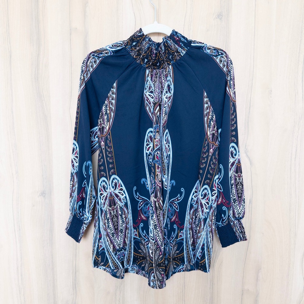 Chico's Womens Blouse MP Blue Paisley Smocked Neck Long Sleeve Boho Office Chic
